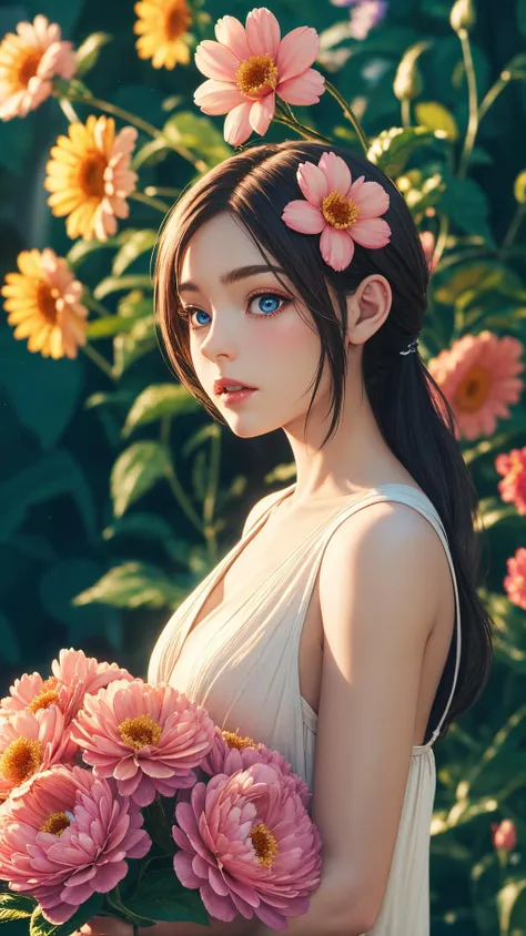 masterpiece,ultra realistic,32k,extremely detailed CG unity 8k wallpaper, best quality, (1girl), (flowers:1.2), blue, (film overlay, film grain:1.3)   <lora:Heavy_grain:0.6>