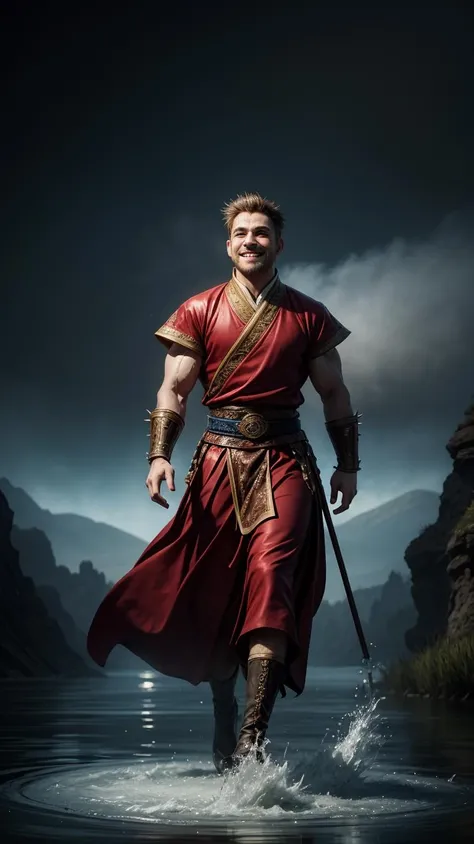 (masterpiece, best quality), stylized digital art,(1man, muscular adult irish male:1.2), green eyes, medium brown hair, spiky hair, (style-swirlmagic:0.8), portrait, solo, half shot, looking at viewer, detailed background, detailed face, (MongolPunkAI, mongolian steppe nomad theme:1.1), (glowing eyes:1.05), elemental water wizard, swirling water, <lora:waterVFX:0.4> water ball, fantasy hydromancer clothes, dynamic pose, floating particles, smiling, ethereal dynamic, water, vapor, river in background, cliffs, backlighting, ethereal atmosphere,