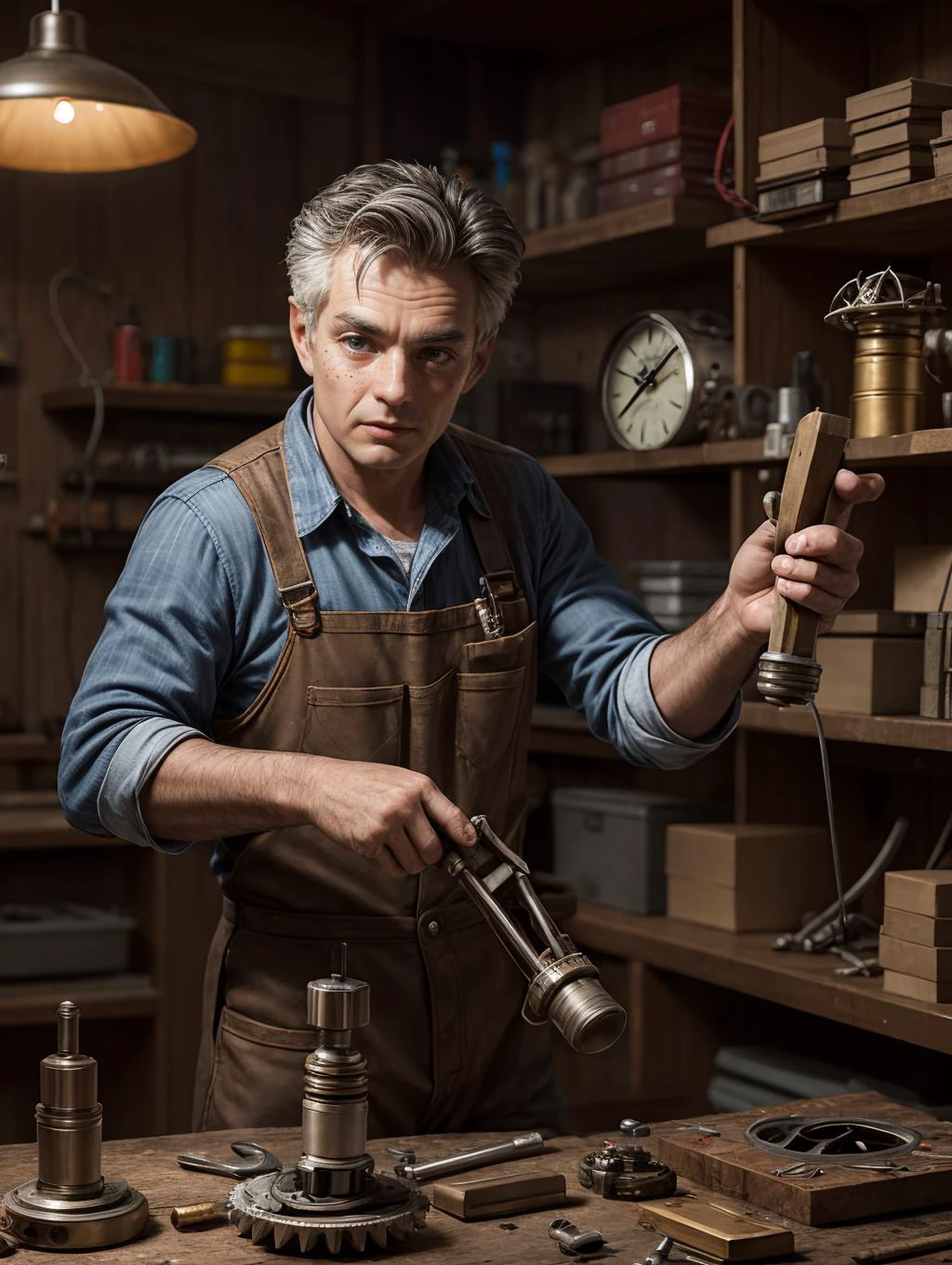 workers, repair watches, clocks, gears, components, tables, tools, (detailed skin), [freckles]