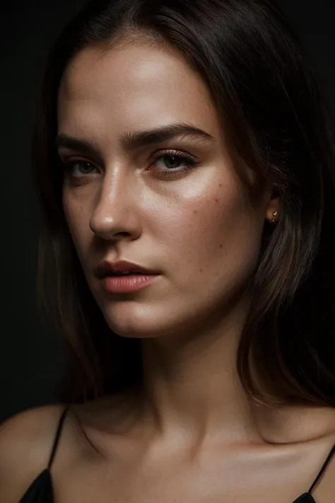 high quality, face portrait, european woman, wearing black dress, serious face, detailed face, skin pores, dramatic lighting