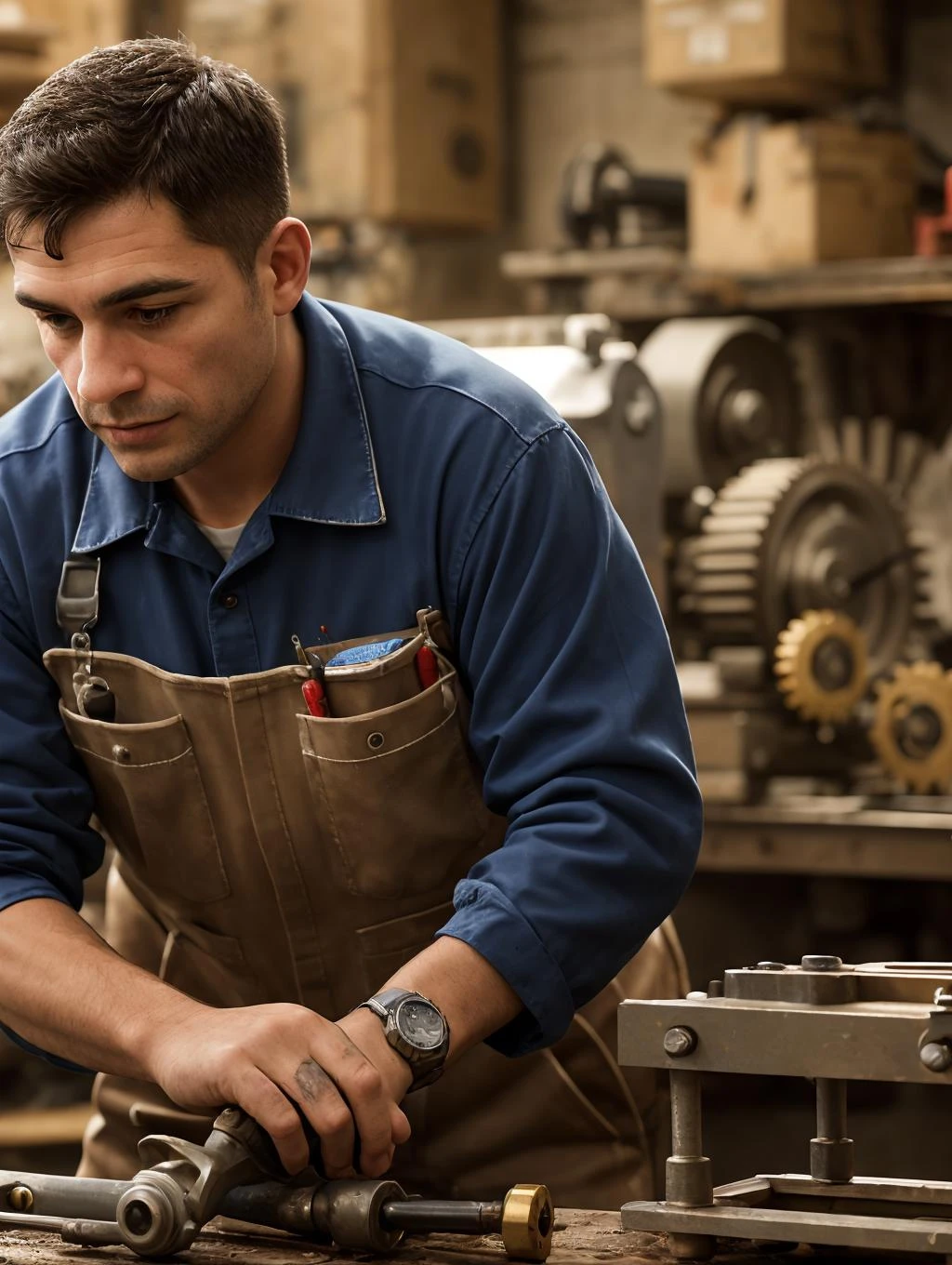 workers, repair watches, clocks, gears, components, tables, tools, (detailed skin), [freckles]
