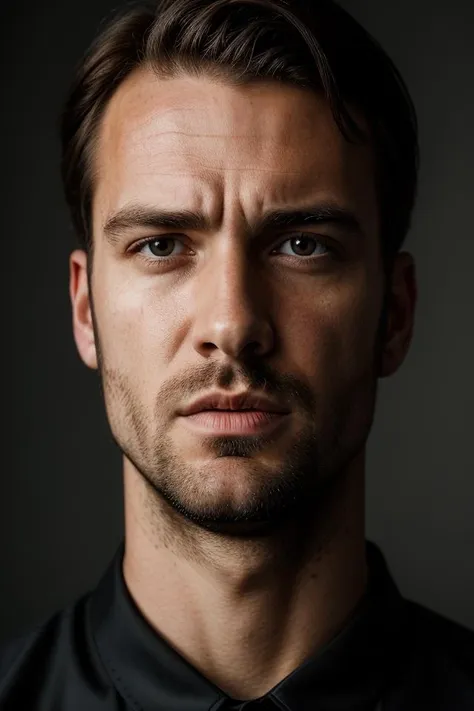 high quality, face portrait, european man, wearing black dress, serious face, detailed face, skin pores, dramatic lighting