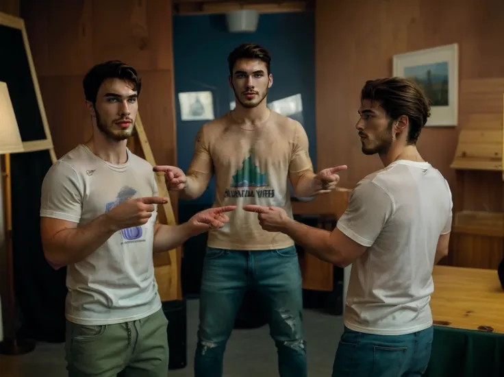 Highly detailed,High Quality,Masterpiece,beautiful,incursiospidermanpointing,multiple boys,pointing michael_yerger wearing t-shirts,<lora:Michael_Yerger:1>,<lora:PointingSpiderManMeme:1>,