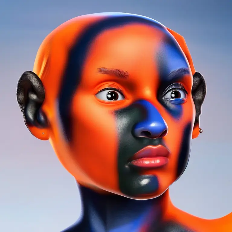 orange skin, Breathtaking work, japparii, woman, relfective, sticker, face, Blackmagic DaVinci Resolve3D, cinema4d, head, houdini, octane,Analog , zenith view, polished, soft illumination, trending on Artstation, polished texture, face enhance, HDR, 8K, volumetric lighting, lightrays, HDR, super focused, no blur, trending on Artstation, 4k, 8