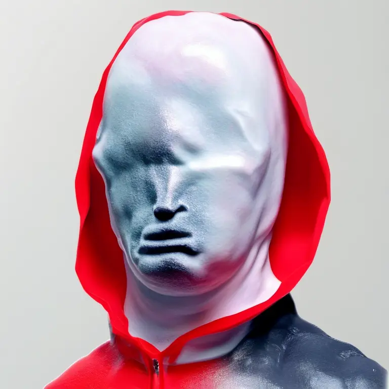 red, frosted glass, hooded man, short hair, paper, sculpt, riddingink, metal, feminine, fabric,roughness ,