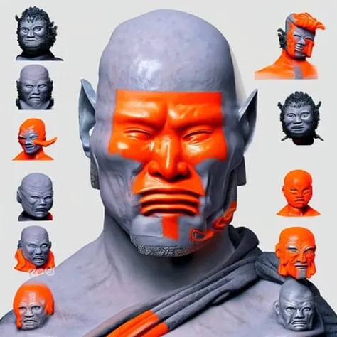 heads, doodle, sculpted, man, shapes, orange skin, simulation, digital, monochromatic, SSS,samurai ,