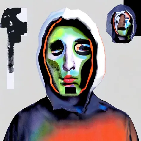 hooded man, trippy, tranclucent, bug, radial, relfective, analog, c4d, vine, clothsim, graident map, stylized,face , odoured, dark shadows, reflections