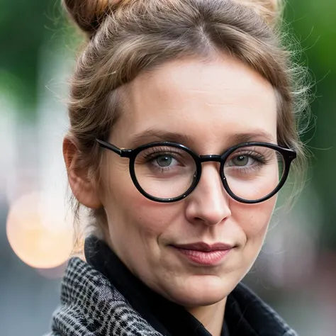 Alice_Weidel, 44 years old woman,widescreen, blue eyes, wears round glasses, ((wears a bun)), ((looks to cam)), (detailed eyes:1.3), ((detailed face: 1.2)),long blond hair, (detailed hair:1.4), wears a dark blue Blazer , , hyper detailed, soft lighting, strong backlight, beautiful lighting, hyperreal, front shot, ( 4k, cinematic, zoom out, intricate detail, finely detailed, hyper detailed, insane details, centered, epic composition, smooth, extremely realistic, cinematic, attractive beautiful, hyperrealistic, RAW photo, subject, 8k uhd, dslr, soft lighting, high quality, film grain, Fujifilm XT3 <lora:add_detail:0.1>