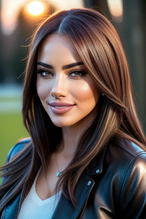 beautiful woman (ElaRum3y54aC3b3c103-420:.99), realistic, (detailed:1.15),(film grain, skin details, 4k:1), smile, Dappled Light, analog style (look at the viewer), (skin texture), (film grain), (hyper-realistic texture skin:1.3), cinematic light, sidelighting, ultra high res, best shadow, RAW, beautiful hair, ((leather jacket and blouse)), elegant shoes, winter city park, professional model photoshoot, hdr, sunset,
