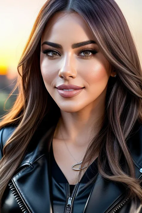 beautiful woman (ElaRum3y54aC3b3c103-420:.99), realistic, (detailed:1.15),(film grain, skin details, 4k:1), smile, Dappled Light, analog style (look at the viewer), (skin texture), (film grain), (hyper-realistic texture skin:1.3), cinematic light, sidelighting, ultra high res, best shadow, RAW, beautiful hair, ((leather jacket and blouse)), elegant shoes, winter city park, professional model photoshoot, hdr, sunset,