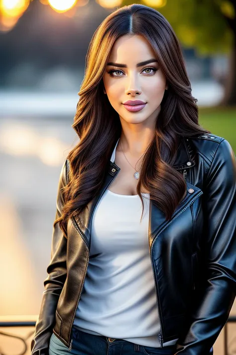 beautiful woman (ElaRum3y54aC3b3c103-420:.99), realistic, (detailed:1.15),(film grain, skin details, 4k:1), smile, Dappled Light, analog style (look at the viewer), (skin texture), (film grain), (hyper-realistic texture skin:1.3), cinematic light, sidelighting, ultra high res, best shadow, RAW, beautiful hair, ((leather jacket and blouse)), elegant shoes, winter city park, professional model photoshoot, hdr, sunset,