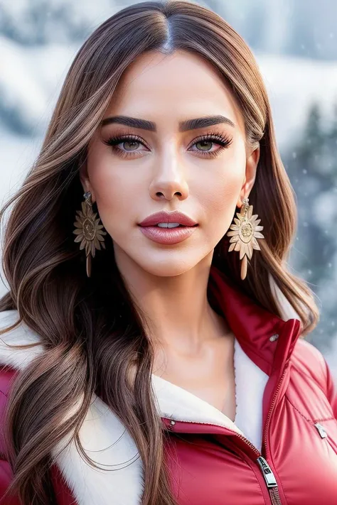 photo of extremely sexy (ElaRum3y54aC3b3c103-420), a woman as a sexy Cosmetologist, closeup portrait, Medium Length Side Swept Hairstyle, (winter coat ), (( A charming, sunlit Swiss chalet with snow-covered mountains in the background)) (masterpiece:1.5) (photorealistic:1.1) (bokeh) (best quality) (detailed skin texture pores hairs:1.1) (intricate) (8k) (HDR) (wallpaper) (cinematic lighting) (sharp focus), eyeliner, painted lips, (earrings)