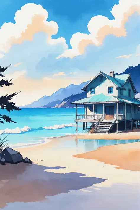 rough anime watercolor sketch, luminous vivid teal, noon, blue sky, clouds, architecture, icy Boujee beach in a campsite<lora:EnvyStarlightAnimeWatercolor01:1><lora:EnvyStarlightAnime03:1>