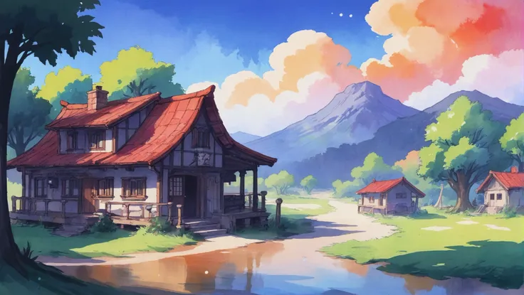 rough idyllic anime watercolor sketch, cozy scifi hamlet at the beginning of the universe<lora:EnvyStarlightAnimeWatercolor01:1><lora:EnvyStarlightAnime03:1><lora:EnvyStarlightIdyllicAnime01:1>