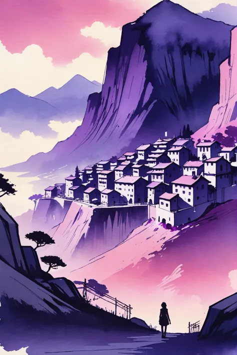 rough anime watercolor sketch, surreal, muted duotone deep magenta and pale violet color scheme, quaint,hillside scifi village outside of reality<lora:EnvyStarlightAnimeWatercolor01:1>