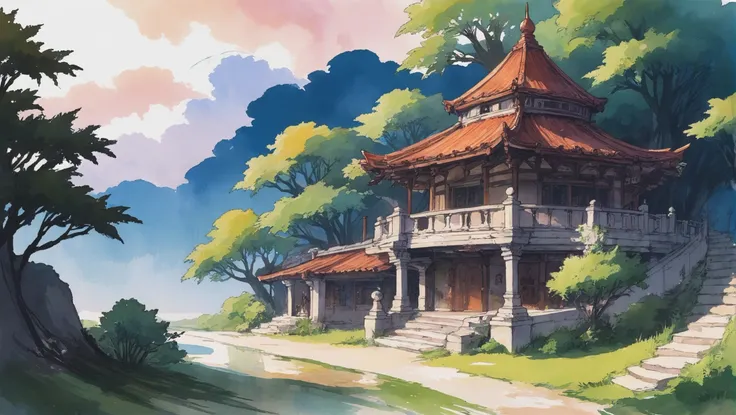 rough idyllic anime watercolor sketch, ink and wash, a wonderous fantasy arcology edge of reality, masterpiece<lora:EnvyStarlightAnimeWatercolor01:1><lora:EnvyStarlightAnime03:1><lora:EnvyStarlightIdyllicAnime01:1>