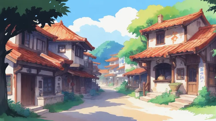 rough idyllic anime watercolor sketch, lively fantasy town in a Artificial Recreation Biodomes<lora:EnvyStarlightAnimeWatercolor01:1><lora:EnvyStarlightAnime03:1><lora:EnvyStarlightIdyllicAnime01:1>