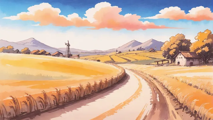 rough idyllic anime watercolor sketch, ink and wash, sparkling neon wheat color scheme, noon, scenery, in a Golden Fields<lora:EnvyStarlightAnimeWatercolor01:1><lora:EnvyStarlightAnime03:1><lora:EnvyStarlightIdyllicAnime01:1>