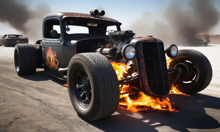 rat_rod, rat rod on fire, wasteland, (Mad Max standing by), smoke, hyper detailed, highly intricate, <lora:Aether_Fire_v1_SDXL_LoRA:1>, <lora:Rat_Rod_-_The_Wrecker_From_Hell_1936_Plymouth_SDXL:0.35>,