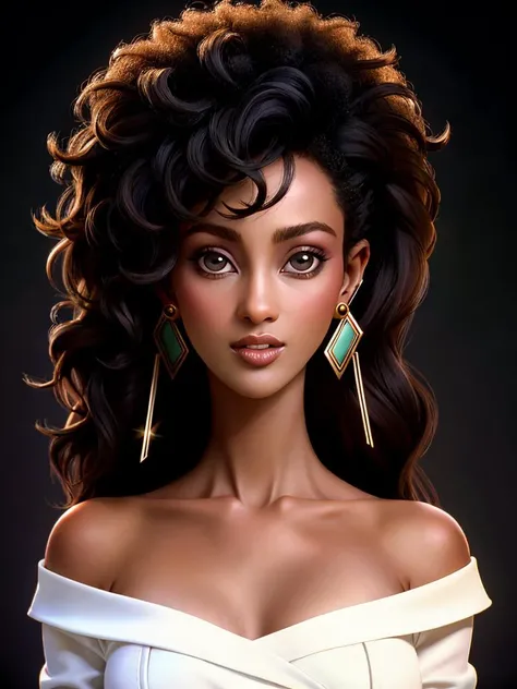 Realistic photo of a beautiful 1m4n woman,1girl,solo,long hair,looking at viewer,black hair,jewelry,collarbone,earrings,dark skin,dark-skinned female,lips,portrait,realistic,afro, soft lighting, professional Photography, Photorealistic, detailed, RAW, analog, sharp focus, 8k, HD, high quality, masterpiece<lora:1m4n:1.0>