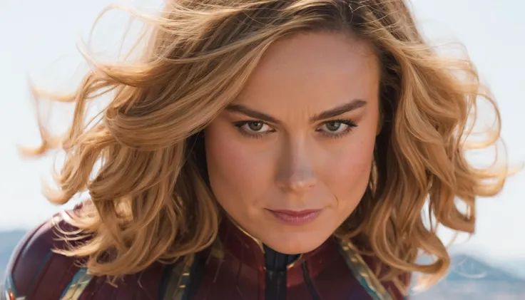 cinematic film still a fierce (ohwx:1.2) As Captain Marvel, throwing a photon blast, her face a mask of determination amid an epic battle against alien forces., Hair windswept, symbolizing the storm of conflict she's in the center of., <lora:brie_lora_sdxl_v2-000006:1> . shallow depth of field, vignette, highly detailed, high budget, bokeh, cinemascope, moody, epic, gorgeous, film grain, grainy