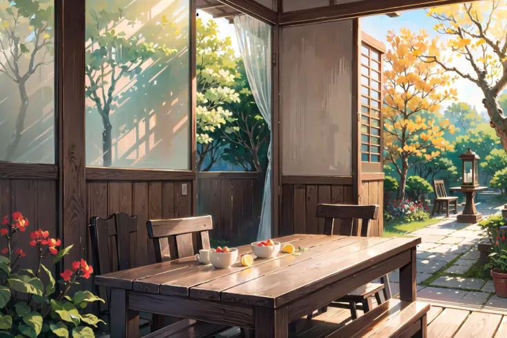 (ultra detailed), (((best quality))),(((ultradetailed))),(((masterpiece))),illustration,serene traditional Japanese courtyard ,pebble road,Willow trees,Flower trees,red flowers,green trees,fragrance of flowers,sunny,warm sunshine,soft light through the leaves,wooden chairs and table in a corner, warm sunshine,soft light