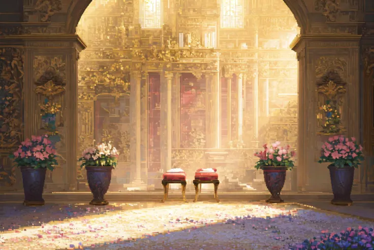 ((game pixel art)), Architectural digest photo of a maximalist green solar living room with lots of flowers and plants, golden light, hyperrealistic surrealism, award winning masterpiece with incredible details, epic stunning pink surrounding and round corners, big windows  <lora:pixel art:0.5>