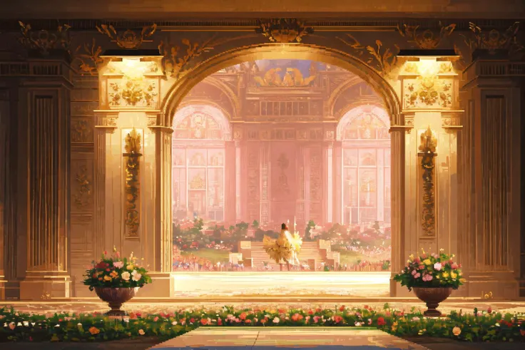 ((game pixel art)), Architectural digest photo of a maximalist green solar living room with lots of flowers and plants, golden light, hyperrealistic surrealism, award winning masterpiece with incredible details, epic stunning pink surrounding and round corners, big windows  <lora:pixel art:0.5>