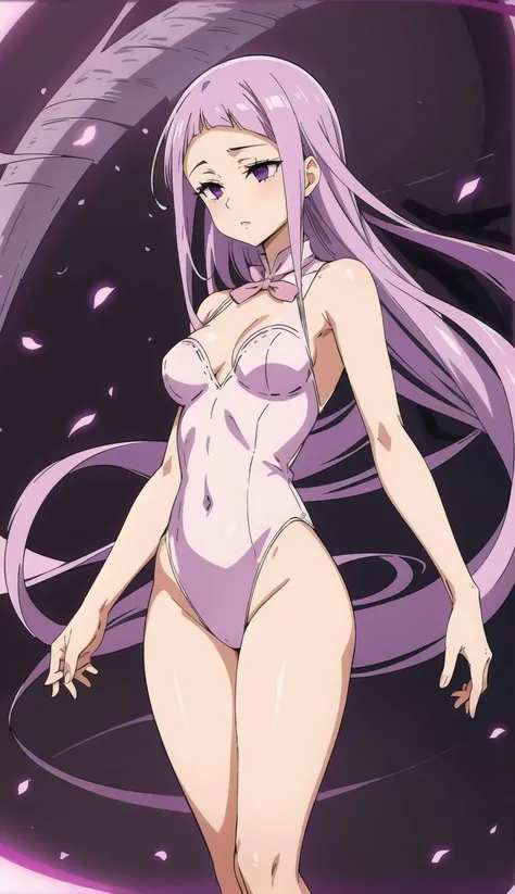 <lora:Melascula:1> Long lavender hair flowing, eyes with a peaceful expression, light skin, white outfit, pink ribbon on the chest, surrounded by a purple abstract swirl, purple dark eyes, standing, ocean