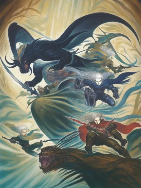 amano yoshitaka, 1990s \(style\), 6+boys, absurdres, armor, bald, black hair, bomb \(final_fantasy\), cape, crossbow, dragon, emperor \(ff2\), final_fantasy, frioniel, guy \(ff2\), highres, josef, leonhart \(ff2\), maria \(ff2\), ming-wu, monster, multiple boys, official art, shield, sword, weapon, white hair, ((masterpiece, absurdres, high res)) <lora:amano_yoshitaka_xl:1>