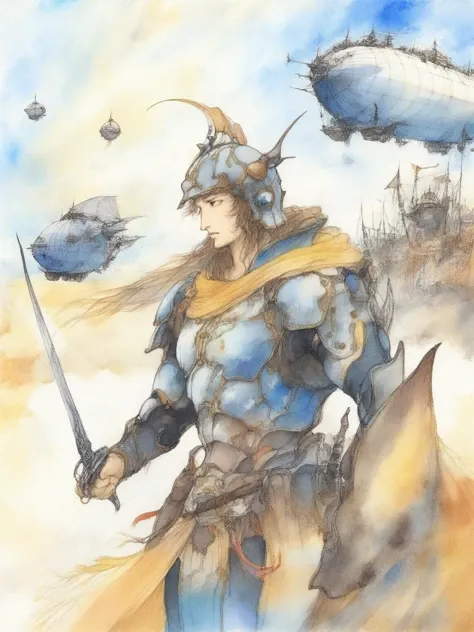 by amano yoshitaka, Warrior , armor , helmet , weapon, heroic , battlefield , shiny , airship, traditional media , watercolour, fantasy illustration , soft colors , final fantasy , the warrior of light from final fantasy <lora:amano_yoshitaka_xl:1>