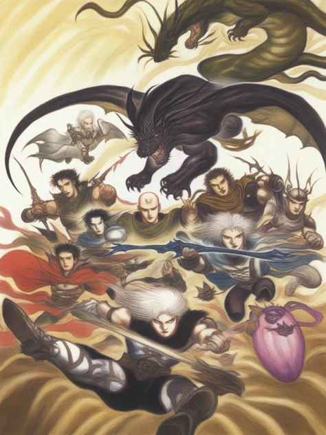 amano yoshitaka, 1990s \(style\), 6+boys, absurdres, armor, bald, black hair, bomb \(final_fantasy\), cape, crossbow, dragon, emperor \(ff2\), final_fantasy, frioniel, guy \(ff2\), highres, josef, leonhart \(ff2\), maria \(ff2\), ming-wu, monster, multiple boys, official art, shield, sword, weapon, white hair, ((masterpiece, absurdres, high res)) <lora:amano_yoshitaka_xl:1>