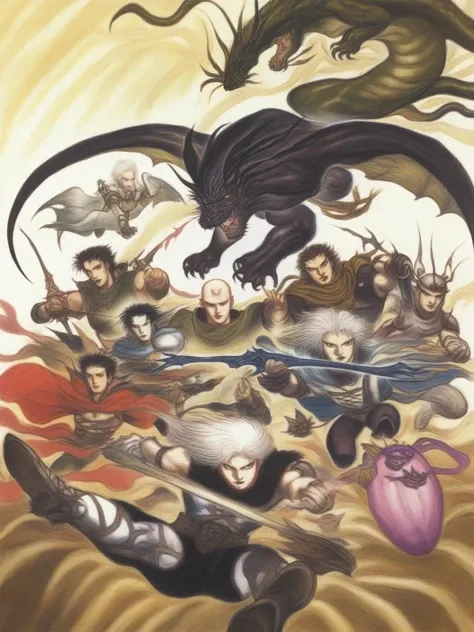 amano yoshitaka, 1990s \(style\), 6+boys, absurdres, armor, bald, black hair, bomb \(final_fantasy\), cape, crossbow, dragon, emperor \(ff2\), final_fantasy, frioniel, guy \(ff2\), highres, josef, leonhart \(ff2\), maria \(ff2\), ming-wu, monster, multiple boys, official art, shield, sword, weapon, white hair, ((masterpiece, absurdres, high res)) <lora:amano_yoshitaka_xl:1>
