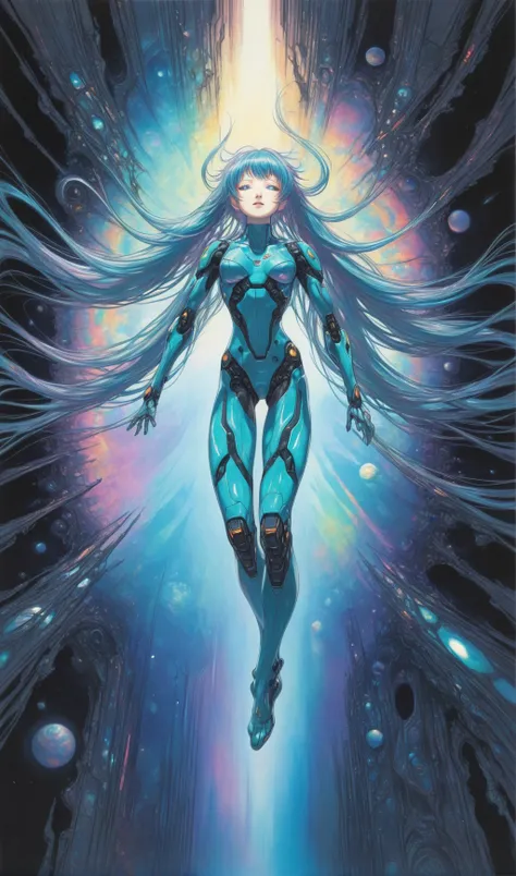 <lora:IOS_Iridescent_opal_style:0.6><lora:amano_yoshitaka_xl:1> art by yoshitaka amano, portrait, racing miku, [woman:robot joints:0.6], [armpits:mecha:0.5], [evangelion:cyberpunk edgerunners:0.5], [lens flare:opal:06], intricate detail, cinematic lighting, amazing quality, amazing shading, reflective transparent iridescent opaque plugsuit, long transparent iridescent RGB hair, absurdly long hair, twintails, Detailed Illustration, official artwork, wallpaper, official art, extremely detailed eyes and face, beautiful detailed eyes, On a space station, zero gravity, floating, ((masterpiece, best quality))