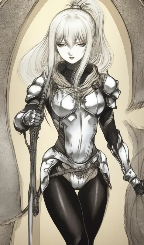 <lora:amano_yoshitaka_xl:1.2> by amano yoshitaka, a female knight in armor, ((thigh gap, pantyhose)), high ponytail, platinum blonde hair, intricate detail, amazing quality, Illustration, wallpaper, official art, burnished silver, ((masterpiece, best quality)), upper body, navel