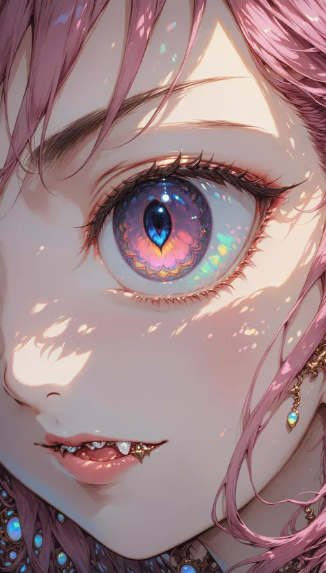 close-up of a cute young vampire, tooth, wavy mouth, tooth, [translucent:opal:0.5], reflective transparent opaque see-through sarong, underboob, pointy ears, looking_at_viewer, intricate detail, cinematic lighting, amazing quality, amazing shading, detailed Illustration, official artwork, wallpaper, official art, extremely detailed eyes and face, beautiful detailed eyes, pink eyes, eye focus, ((masterpiece, best quality)), closeup
<lora:Final_Fantasy_Tactics_XLv2:0.6> <lora:amano_yoshitaka_xl:0.2> <lora:IOS_Iridescent_opal_style:0.6>