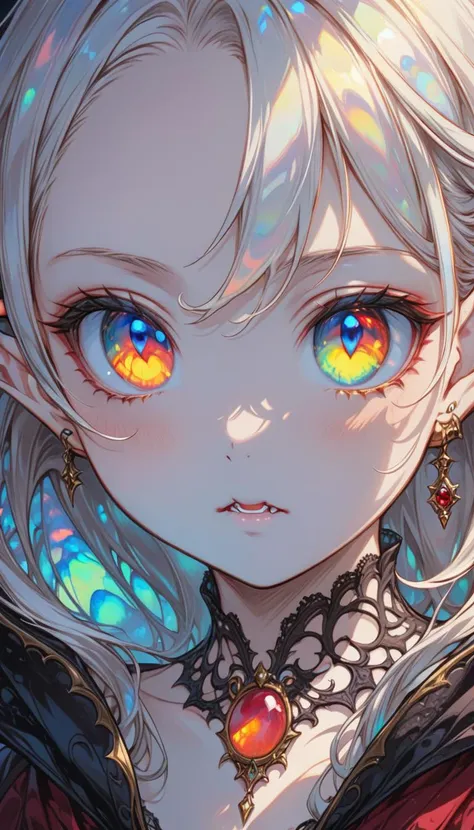 close-up of a cute young vampire, tooth, wavy mouth, tooth, [translucent:opal:0.5], reflective transparent opaque see-through sarong, underboob, pointy ears, looking_at_viewer, intricate detail, cinematic lighting, amazing quality, amazing shading, detailed Illustration, official artwork, wallpaper, official art, extremely detailed eyes and face, beautiful detailed eyes, heterochromia, one opal eye, one ruby eye, eye focus, ((masterpiece, best quality)), closeup
<lora:Final_Fantasy_Tactics_XLv2:0.6> <lora:amano_yoshitaka_xl:0.2> <lora:IOS_Iridescent_opal_style:0.6>