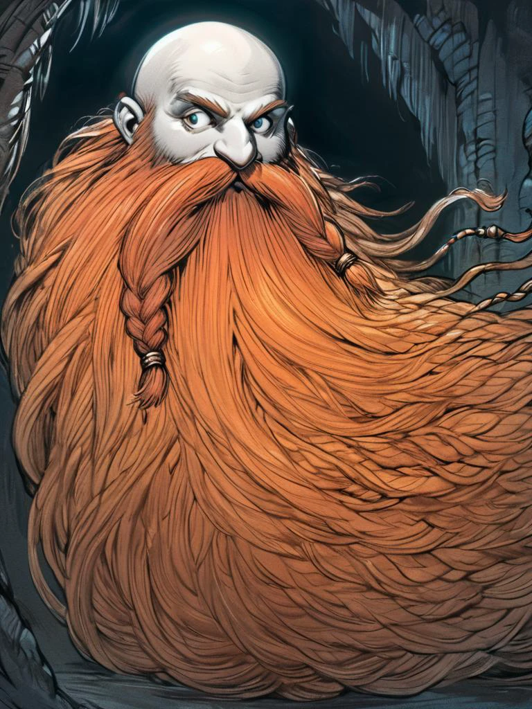 by amano yoshitaka, <lora:amano_yoshitaka_xl:1.1> ,Harry_Dwarf, dwarf-like, flowing long Orange beard, braided moustache,bald, bangles, <lora:Harry_Dwarf_1.5:1>, in a dungeon ,8k, intricate detail, cinematic lighting, amazing quality, amazing shading, Detailed Illustration, wallpaper, official art, detailed eyes and face, ((masterpiece, best quality))
