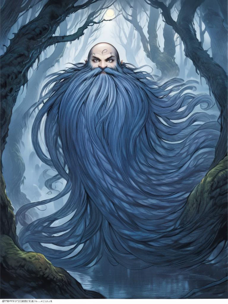 by amano yoshitaka, <lora:amano_yoshitaka_xl:1.1> ,Harry_Dwarf, dwarf-like, flowing long Indigo beard, braided moustache,bald, bangles, <lora:Harry_Dwarf_1.5:0.8>, in a misty forest ,8k, intricate detail, cinematic lighting, amazing quality, amazing shading, Detailed Illustration, wallpaper, official art, detailed eyes and face, ((masterpiece, best quality))