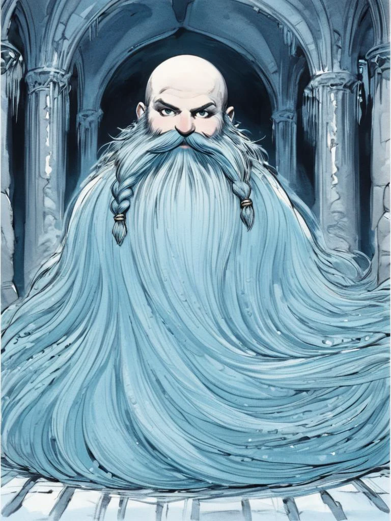 by amano yoshitaka, <lora:amano_yoshitaka_xl:1.1> ,Harry_Dwarf, dwarf-like, flowing long Aquamarine beard, braided moustache,bald, bangles, <lora:Harry_Dwarf_1.5:1>, castle interior , ,ultra detailed, masterpiece,