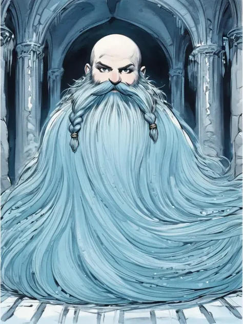 by amano yoshitaka, <lora:amano_yoshitaka_xl:1.1> ,Harry_Dwarf, dwarf-like, flowing long Aquamarine beard, braided moustache,bald, bangles, <lora:Harry_Dwarf_1.5:1>, castle interior , ,ultra detailed, masterpiece,