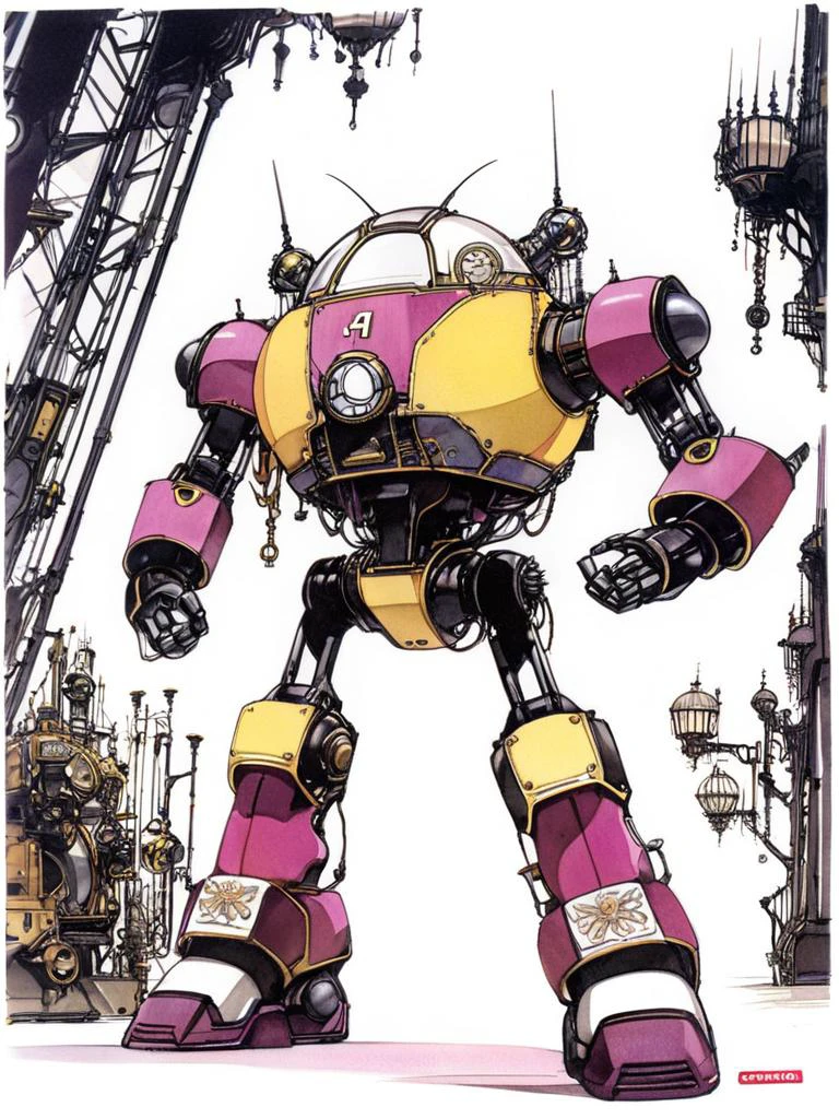 by amano yoshitaka, <lora:amano_yoshitaka_xl:1.1>, Anime style, ultra detailed, masterpiece, a round chunky steampunk robot with short curly Golden brown hair wearing Maroon tank top and baggy Magenta pants , in a courtyard <lora:add-detail-xl:0.8>