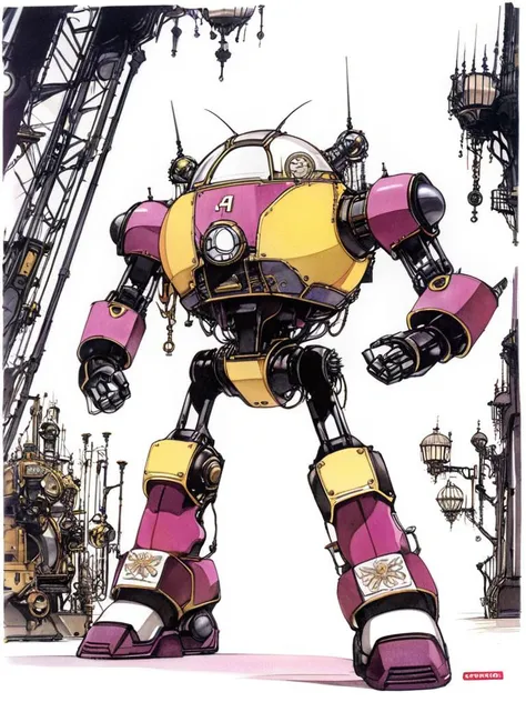 by amano yoshitaka, <lora:amano_yoshitaka_xl:1.1>, Anime style, ultra detailed, masterpiece, a round chunky steampunk robot with short curly Golden brown hair wearing Maroon tank top and baggy Magenta pants , in a courtyard <lora:add-detail-xl:0.8>