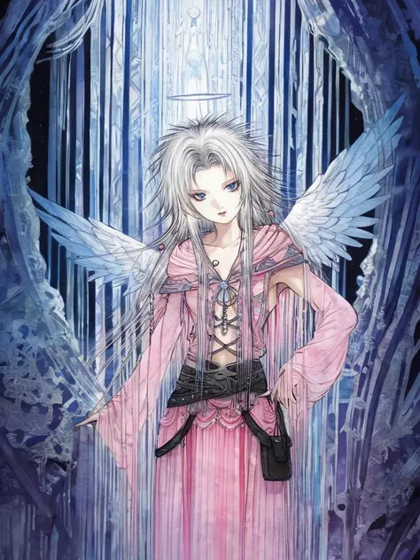 by amano yoshitaka, <lora:amano_yoshitaka_xl:1.1>, Anime style, ultra detailed, masterpiece, an angel with piercing with spiky Gray hair wearing Pink gi with Indigo trim, intricate pattern design, Black belt, headband , in a crystal cave <lora:add-detail-xl:0.8>