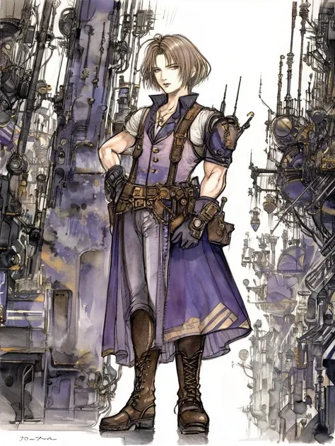by amano yoshitaka, <lora:amano_yoshitaka_xl:1.1>, Anime style, ultra detailed, masterpiece, a dwarf man with Light brown bob cut wearing Purple dress, leather shoulder pads, leather boots , in a steampunk city <lora:add-detail-xl:0.8>
