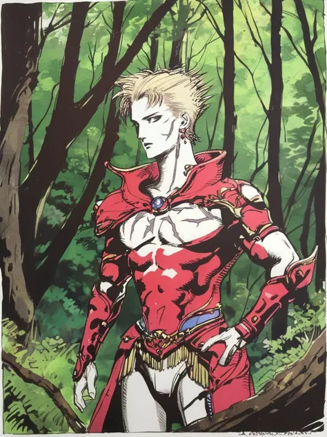 by amano yoshitaka, <lora:amano_yoshitaka_xl:1.1>, Anime style, ultra detailed, masterpiece, a confidant man warrior with a deep facial scar with Ash blonde mohawk wearing magical Ruby strapless revealing dragon armor leotard , in a forest <lora:add-detail-xl:0.8>