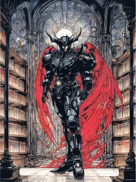 by amano yoshitaka, <lora:amano_yoshitaka_xl:1.1>, Anime style, ultra detailed, masterpiece, a demon with short Jet black hair wearing Crimson dragon themed armor with wings , in an ancient library <lora:add-detail-xl:0.8>