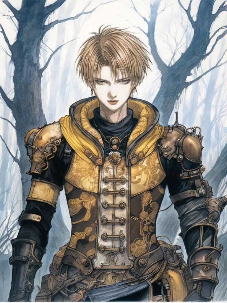 by amano yoshitaka, <lora:amano_yoshitaka_xl:1.1>, Anime style, ultra detailed, masterpiece, a steampunk boy with tattoos with short Sandy brown side shaved hair wearing Yellow dragon themed armor with gold trim , in a misty forest <lora:add-detail-xl:0.8>