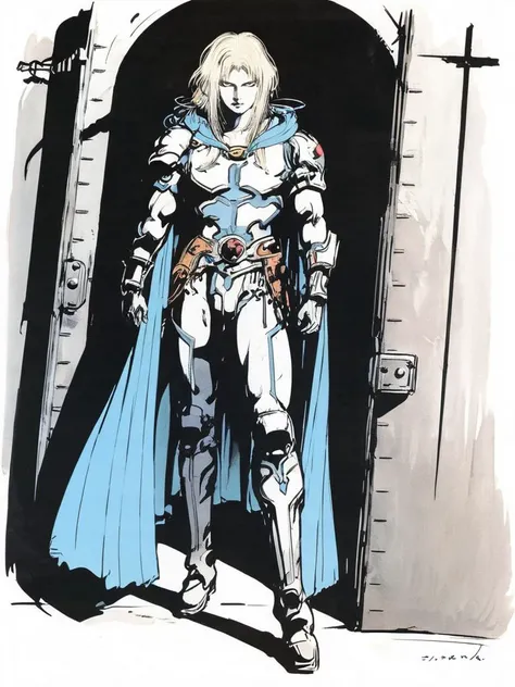 by amano yoshitaka, <lora:amano_yoshitaka_xl:1.1>, Anime style, ultra detailed, masterpiece, a demon with medium length straight Platinum blonde hair wearing Cyan cape and tunic, breast plate armor, leather boots , in a prison cell <lora:add-detail-xl:0.8>