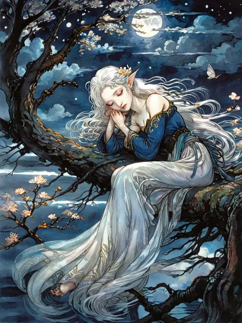 ((best quality)), ((masterpiece)), (detailed), 1girl, solo, white hair, elf, portrait, ethereal beauty, trees, fantasy illustration, enchanting gaze, captivating pose, otherworldly charm, mystical sky, (Yoshitaka Amano:1.1), moonlit night, soft colors, (detailed cloudscape:1.001), (high-resolution:1.001), <lora:amano_yoshitaka_xl:0.9>, ((flower)), river, water, animals, sleeping